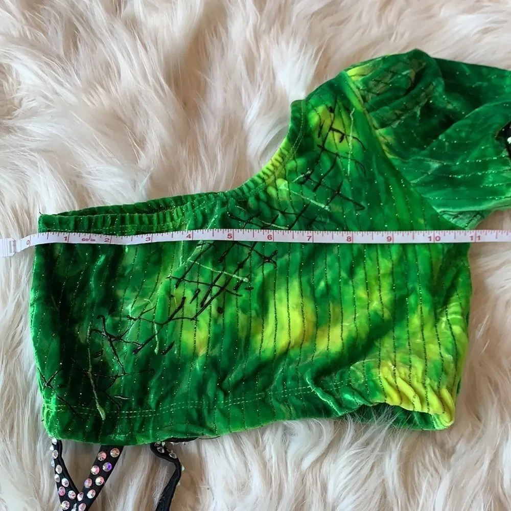 Green One Piece Dance Costume.  Swarovski Crystal adorned.